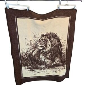 Vintage TAC Reversible Lion Throw Blanket Wool Blend Brown Cream 48x56 Wildlife